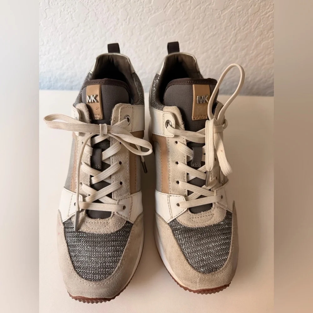 Michael Kors Georgie Mixed-Media Trainers | Silver & Tan Sneakers